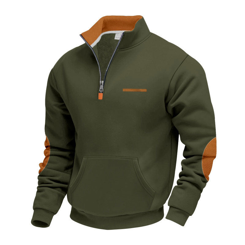Herren nan Halbzip-Sweatpullover mit Stehkragen, Kängurutasche und Ellenbogenbesatz EB