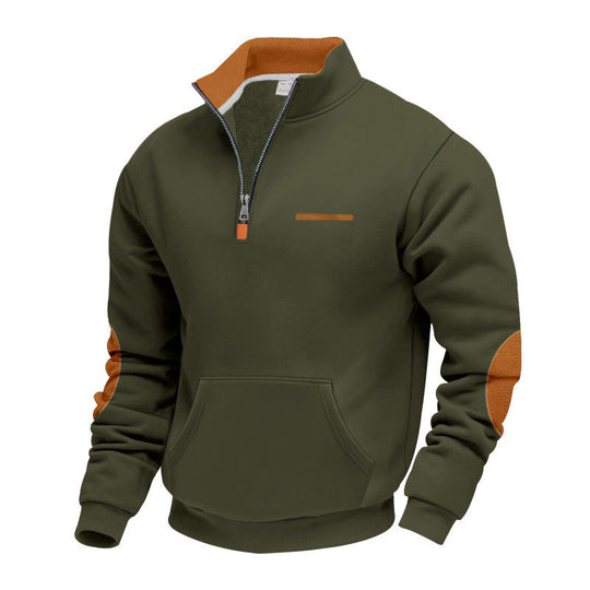 Herren nan Halbzip-Sweatpullover mit Stehkragen, Kängurutasche und Ellenbogenbesatz EB