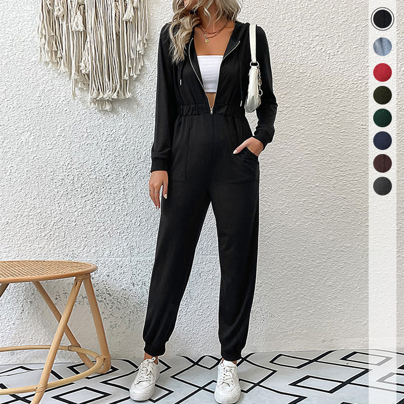 Damen lässiger Jumpsuit mit praktischem Reißverschluss und elastischem Taillenband EB