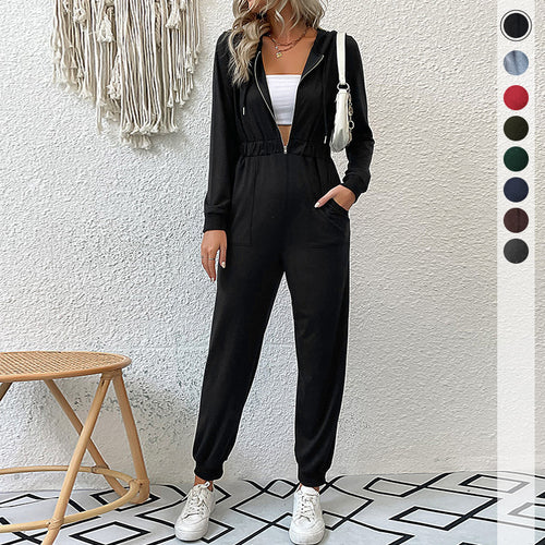 Damen lässiger Jumpsuit mit praktischem Reißverschluss und elastischem Taillenband EB