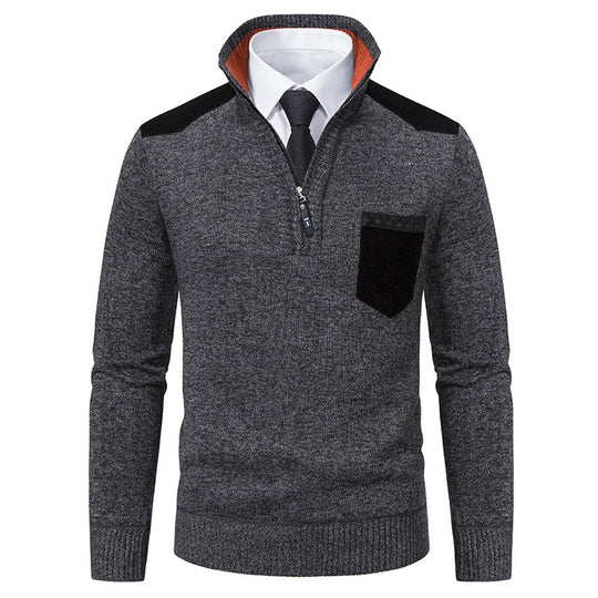Herren nan Feinstrick-Halbzip-Pullover mit Stehkragen, Brusttasche und Schulterbesatz EB