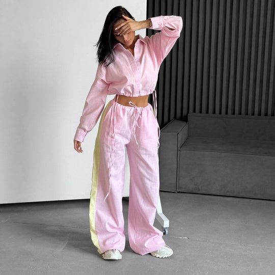 Damen kurzes Hemd mit Kordelzug und weite hochgeschnittene Leinenhose Set Eichborn Berlin