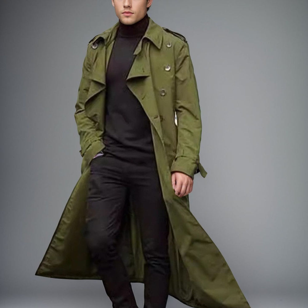 Herren langer Trenchcoat mit modernem Schnitt und praktischen Taschen EB