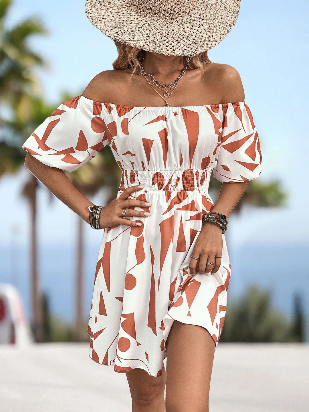 Damen Off-Shoulder Kleid mit elastischem Bund und grafischem Muster EB