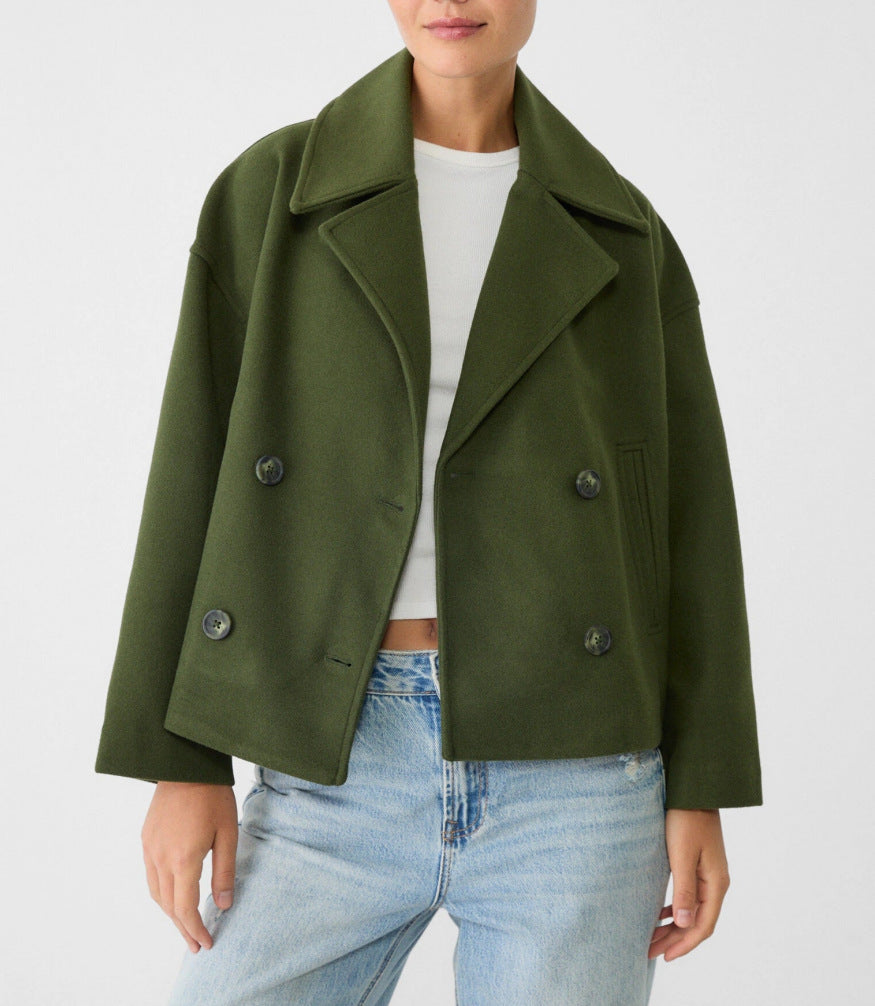 Damen nan kurz geschnittener Zweireiher Wollmix-Peacoat mit überbreitem Revers und kastiger Silhouette EB