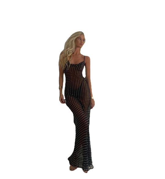 Damen transparenter Maxi-Kleid mit gepunktetem Design und verführerischen Rüschendetails EB