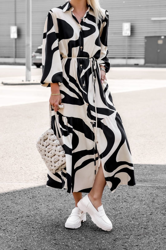 Damen Maxikleid mit modernem Muster und praktischem Taillengürtel EB