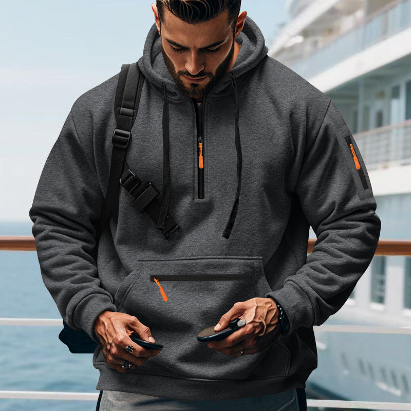 Herren nan technischer Halbzip-Outdoor-Hoodie mit verdeckter Kängurutasche, Reißverschluss-Ärmeltasche und integriertem Kabelkanal EB