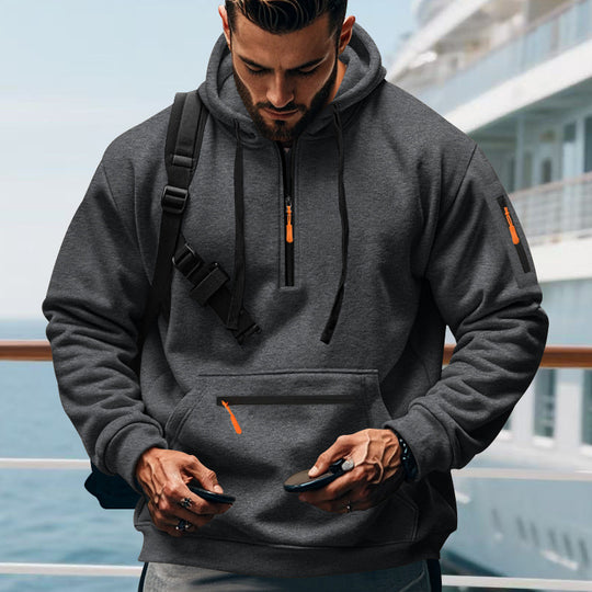 Herren nan technischer Halbzip-Outdoor-Hoodie mit verdeckter Kängurutasche, Reißverschluss-Ärmeltasche und integriertem Kabelkanal EB