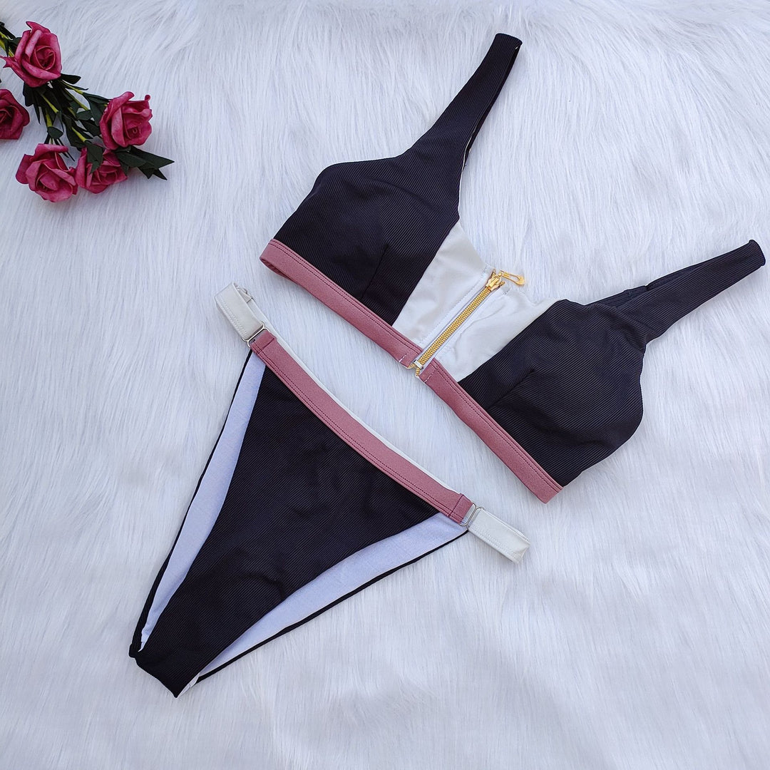 Damen Sport-Bikini-Set mit Reißverschluss und farblich abgesetzten Details EB
