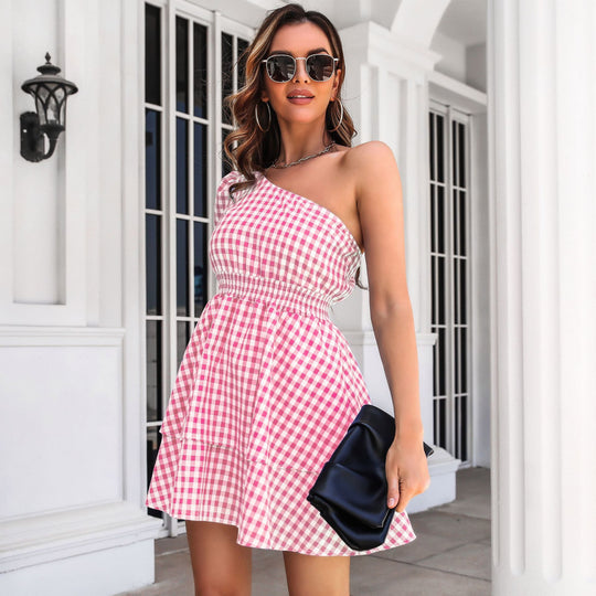 Damen Langarm-Kleid mit einseitigem Träger und lässigem Karomuster EB