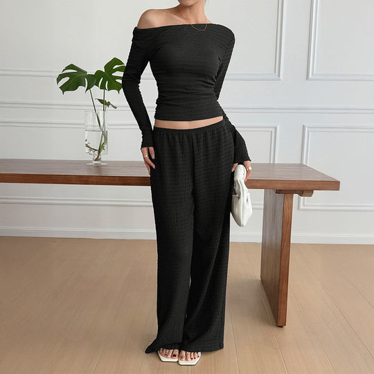 Damen nan legeres Crinkle-Lounge-Set mit Off-Shoulder Crop-Top und weiten High-Waist Palazzohose EB