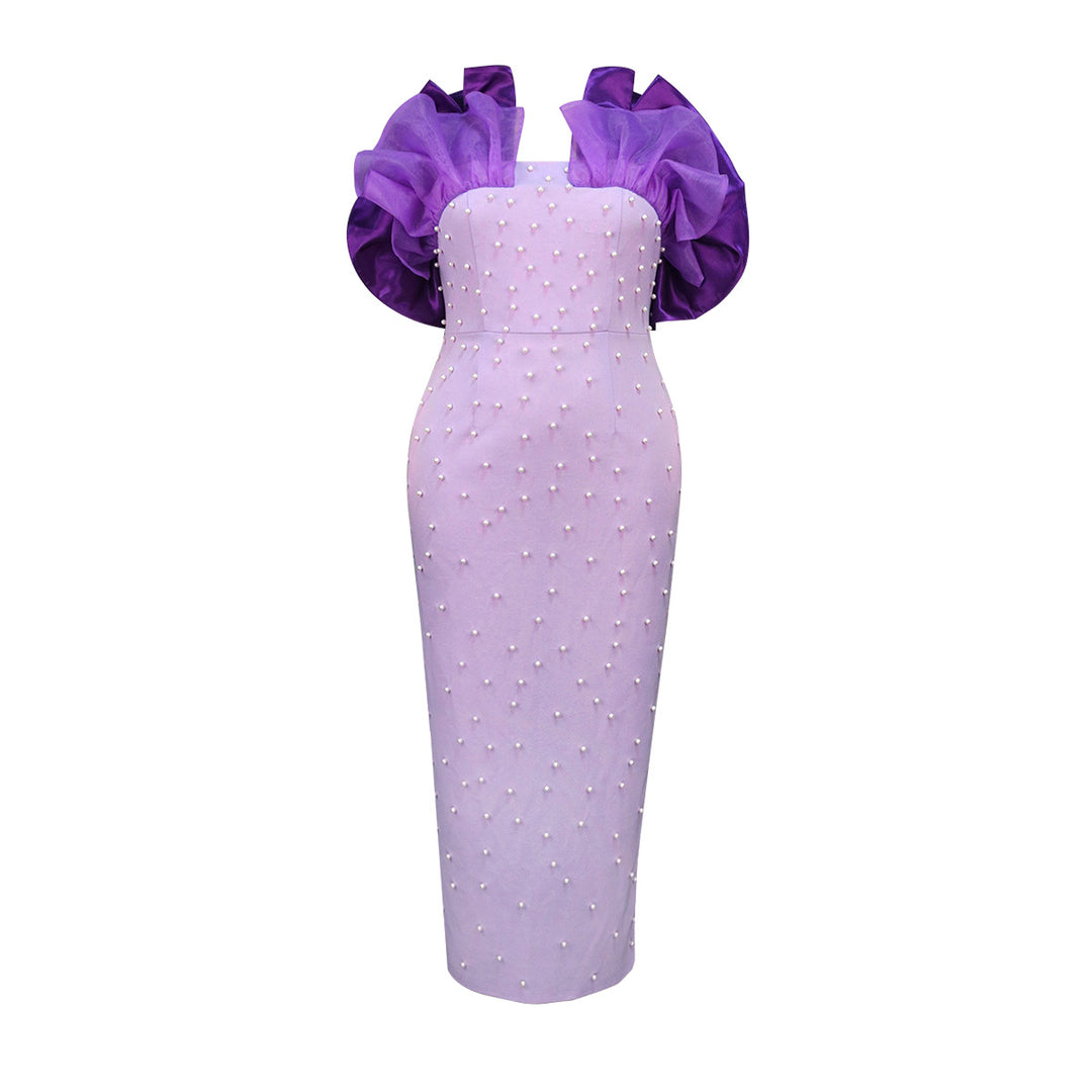 Damen Figurbetontes Abendkleid mit dramatischen Puffärmeln und Perlenakzenten EB