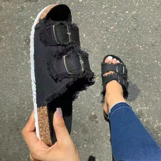 Damen Pantoletten mit modischem Denim-Design und verstellbaren Riemen EB
