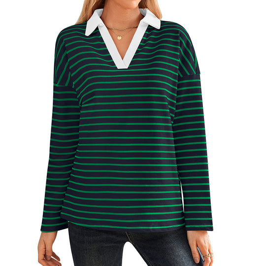 Damen gestreiftes Polo-Shirt mit V-Ausschnitt und kontrastierendem Kragen EB