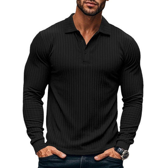 Herren nan eng anliegendes geripptes Langarm-Poloshirt mit Kentkragen und kurzer Knopfleiste EB