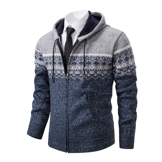 Herren stilvolle Strickjacke mit Kapuze und Norweger-Muster EB