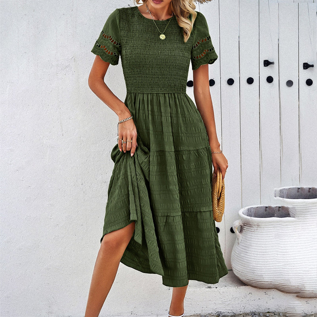 Damen Midikleid mit Puffärmeln und Elastischem Oberteil EB