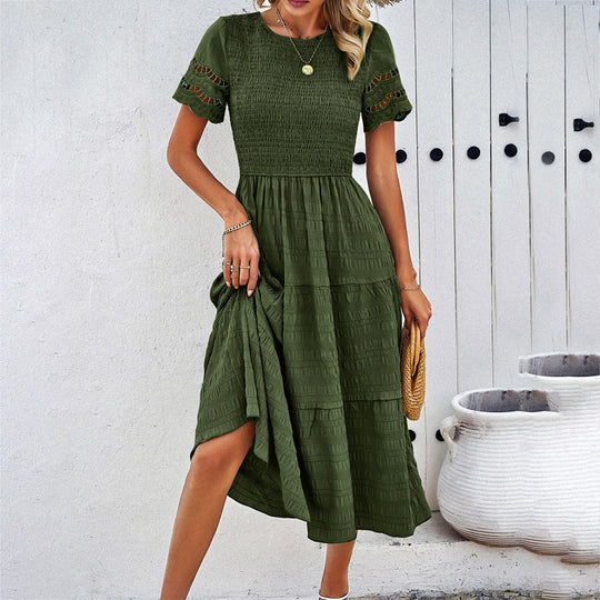 Damen Midikleid mit Puffärmeln und Elastischem Oberteil EB