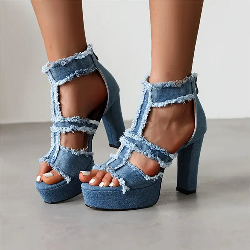 Damen Plateausandalen mit fransigen Denim-Details EB