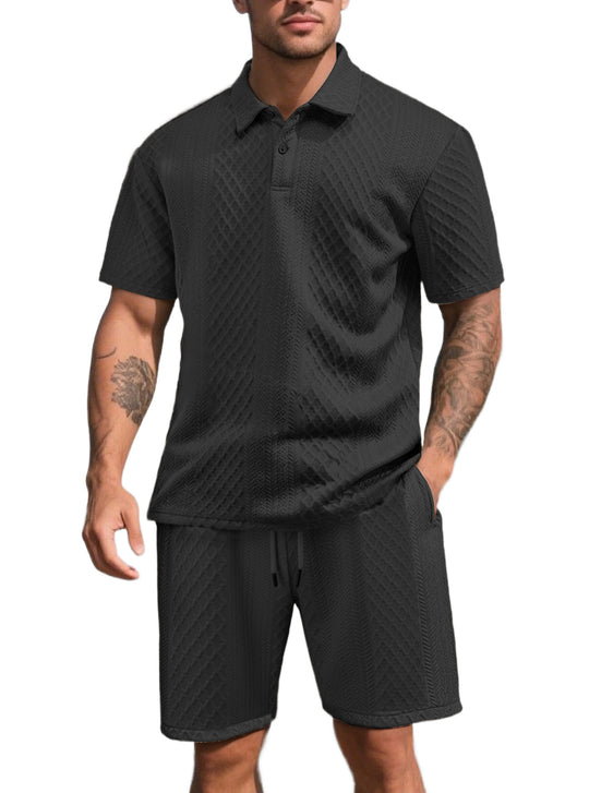 Herren nan dreidimensionales Relief-Freizeit-Set mit Polokragen, verdeckter Knopfleiste und elastischer Tunnelzugshorts EB