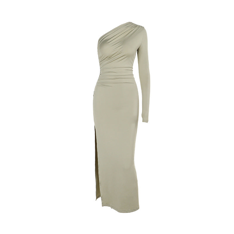 Damen elegantes One-Shoulder Maxikleid mit hohem Schlitzausschnitt EB