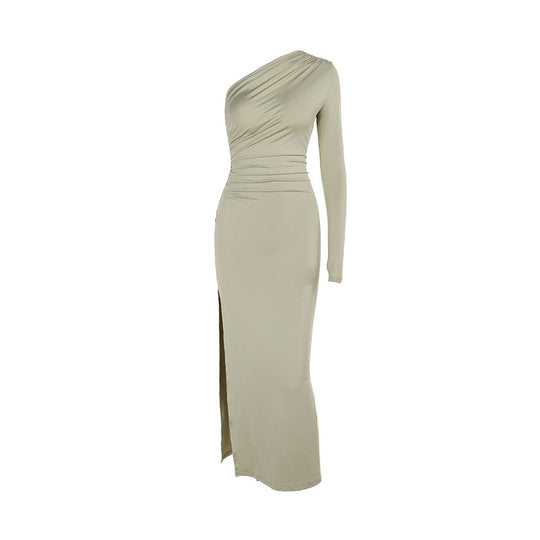 Damen elegantes One-Shoulder Maxikleid mit hohem Schlitzausschnitt EB