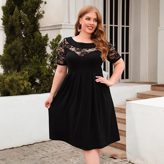 Damen Elegantes Kleid mit Spitzenärmel und schwingendem Rock EB
