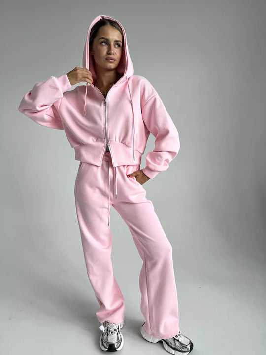 Damen Zweiteiliges Loungewear-Set mit gekürzter Zip-Kapuzenjacke und weitem High‑Waist Jogginghose EB