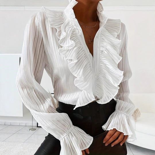 Damen Plissee Bluse mit Rüschendetails und eleganten Volants EB
