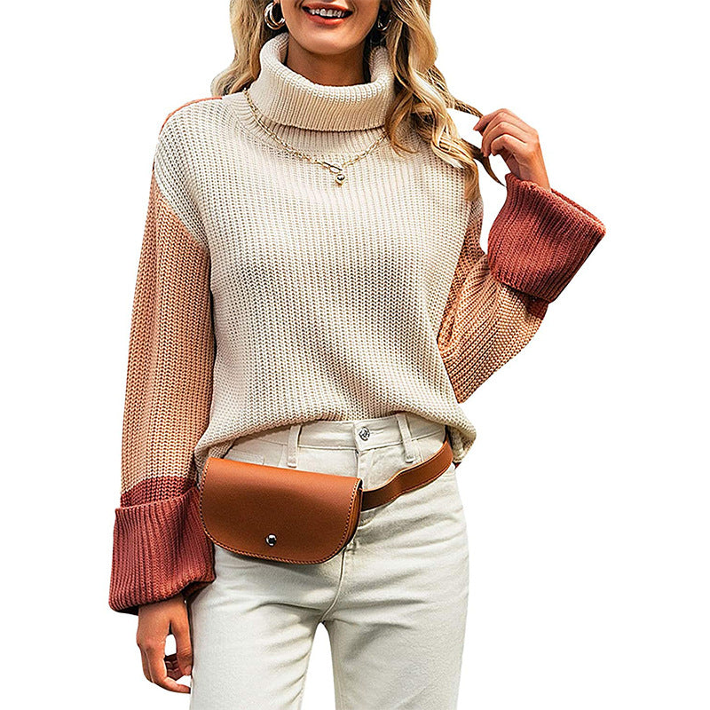 Damen nan lockerer Rollkragenpullover mit Colourblock-Ärmeln und weitem Trompetenärmel EB