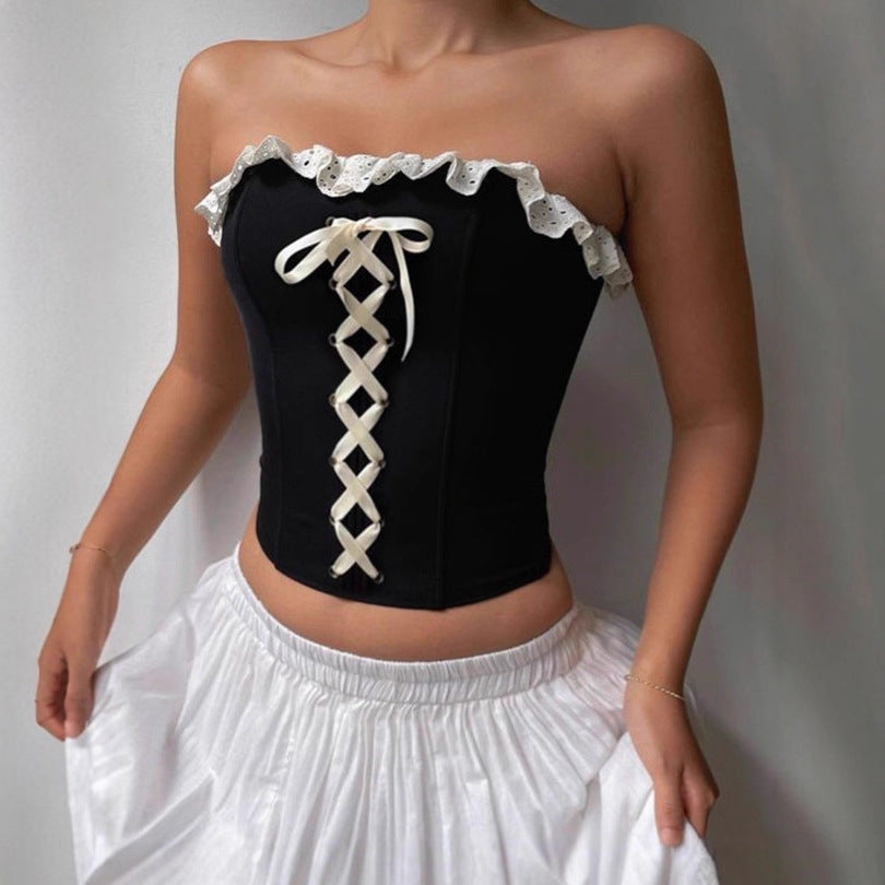 Damen Bustier-Oberteil mit Rüschendetail und Schnürung EB