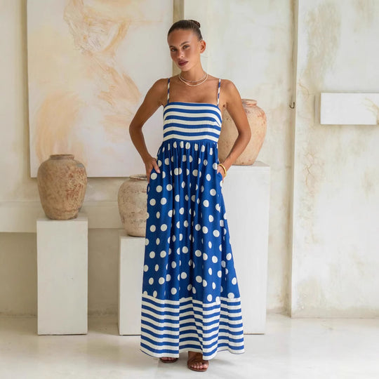 Damen Maxikleid mit verspieltem Streifendesign und großen Punkten EB