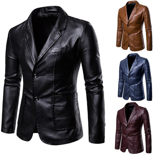 Herren nan schlanker Lederblazer mit Reverskragen und aufgesetzten Taschen EB