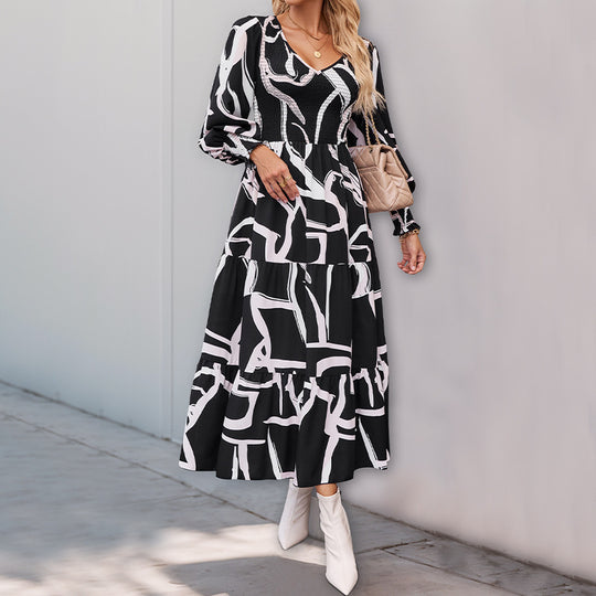 Damen Maxikleid mit modernen grafischen Mustern und voluminösen Ärmeln EB