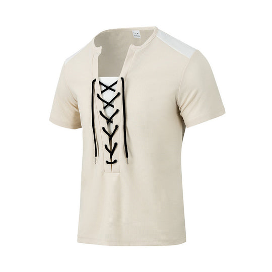 Herren Kurzarm-Henley-T-Shirt mit dekorativen Schnürdetails und atmungsaktiver Struktur EB