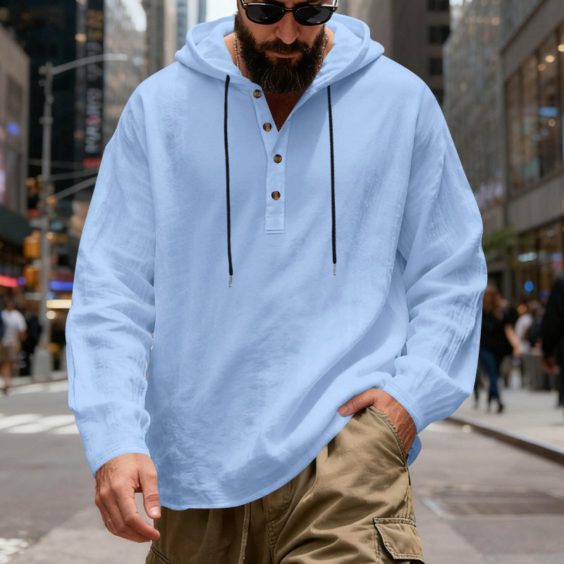Herren nan legeres Henley-Kapuzenhemd mit Knopfleiste, Kordelzug und gerundetem Saum EB