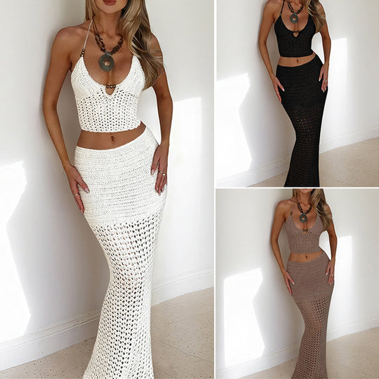 Damen Häkel-Maxikleid mit tiefem V-Ausschnitt und raffiniertem Schnitt EB