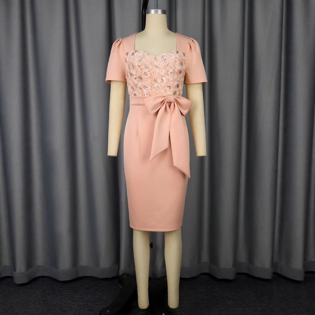 Damen Elegantes Verziertes Midi-Kleid mit Schleifenakzent EB