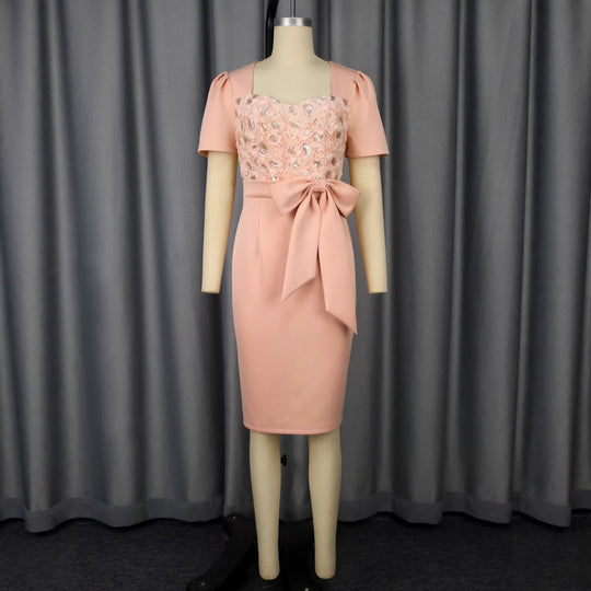 Damen Elegantes Verziertes Midi-Kleid mit Schleifenakzent EB