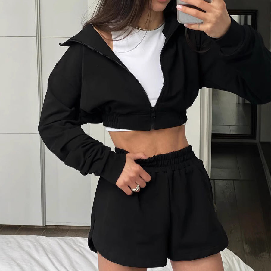 Damen Sportliches Kurzarm Set mit funktionalem Reißverschluss und elastischem Bund EB