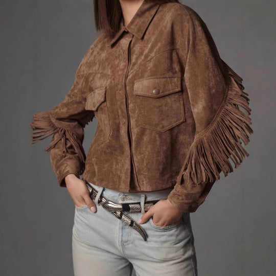 Damen Wildlederjacke mit Fransen und oversized Schnitt EB