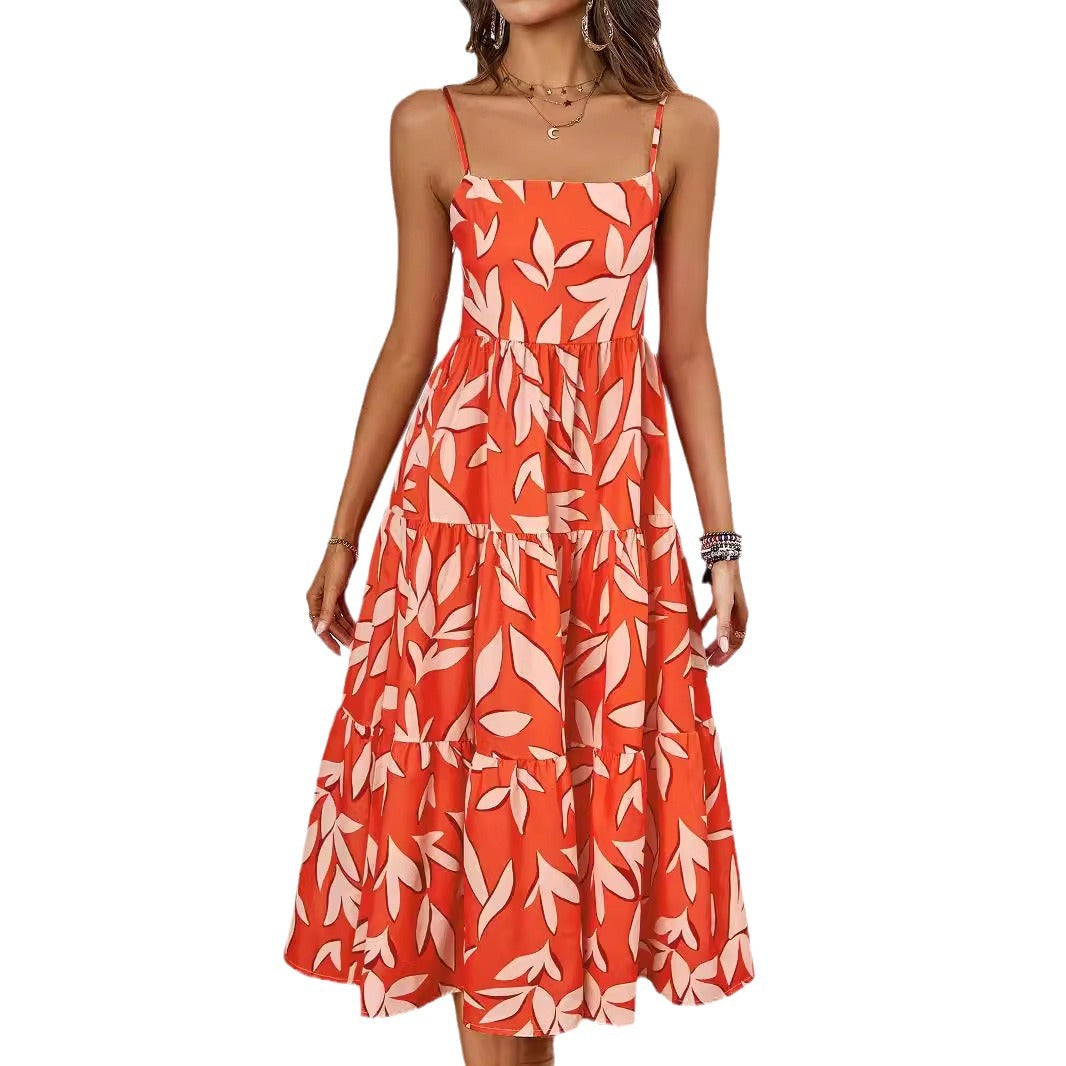Damen Midi Kleid mit fließendem Rock und verspieltem Blattmuster EB