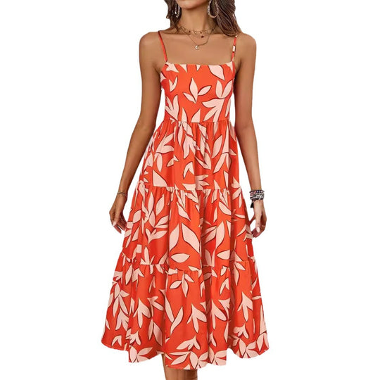 Damen Midi Kleid mit fließendem Rock und verspieltem Blattmuster EB