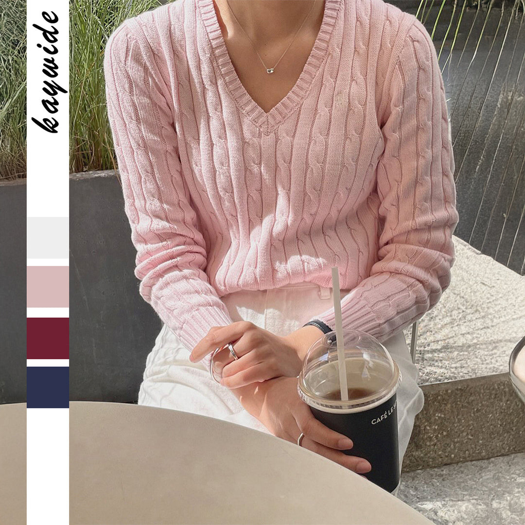 Damen nan feiner Strukturstrick-Pullover mit V‑Neck, Zopfmuster und geripptem Saum EB