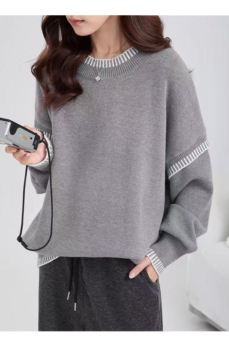 Damen Übergroßer Strickpullover mit Kontrastbündchen EB