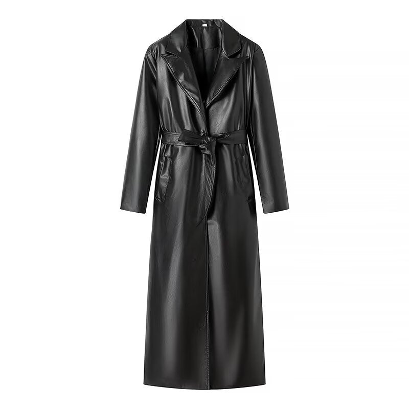 Damen elegante Kunstleder-Trenchcoat mit Gürtel EB