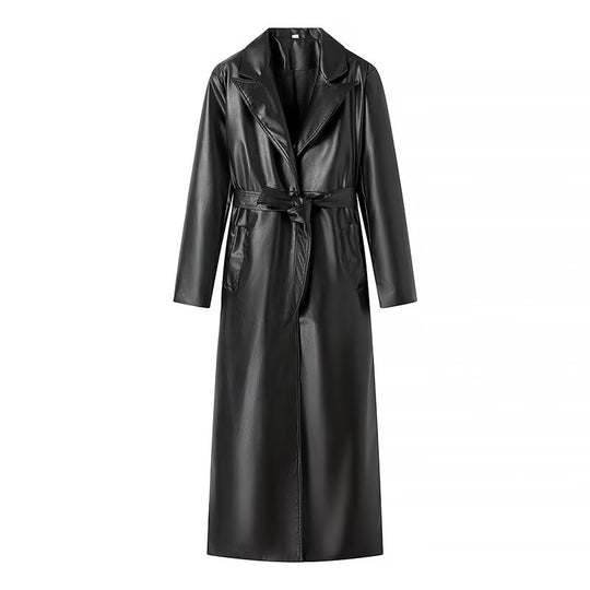 Damen elegante Kunstleder-Trenchcoat mit Gürtel EB