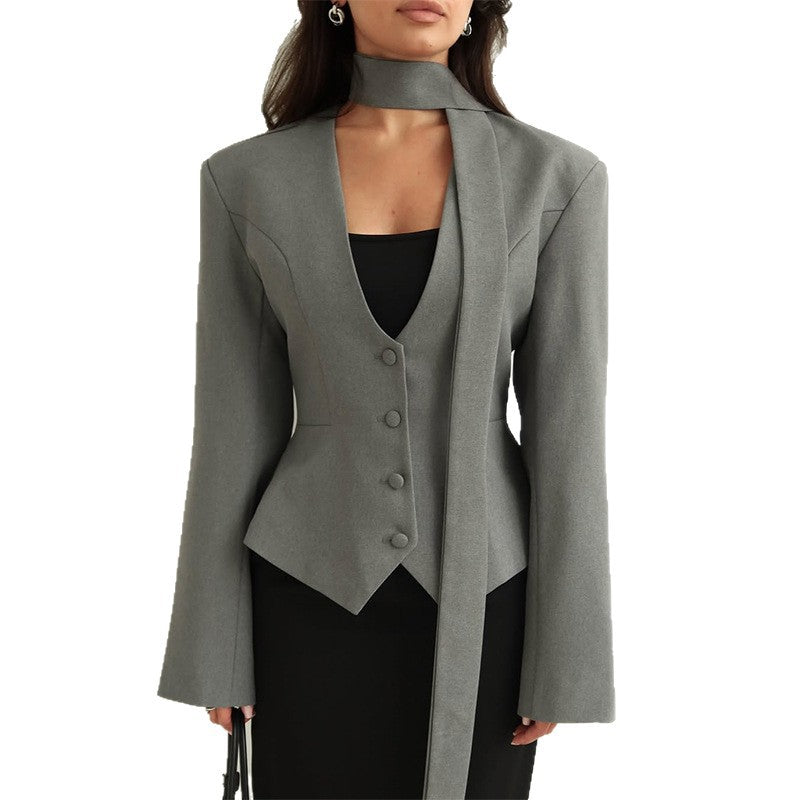 Damen Blazer mit hochgeschlossenem Kragen und voluminösen Ärmeln EB