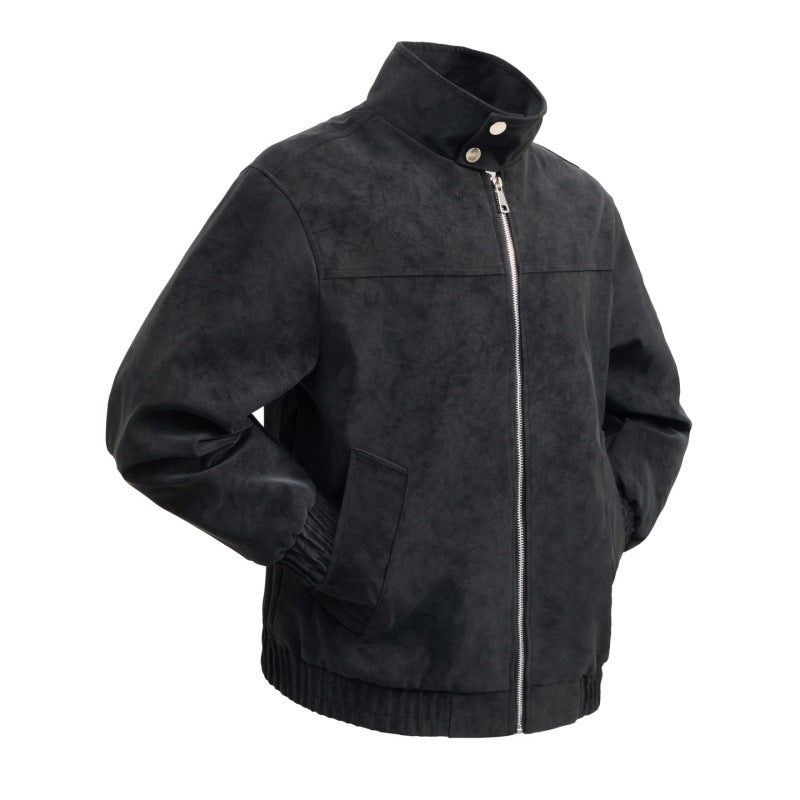 Herren kurzer Velours‑Imitat Blouson mit hohem Stehkragen, Metallreißverschluss und elastischem Saum EB